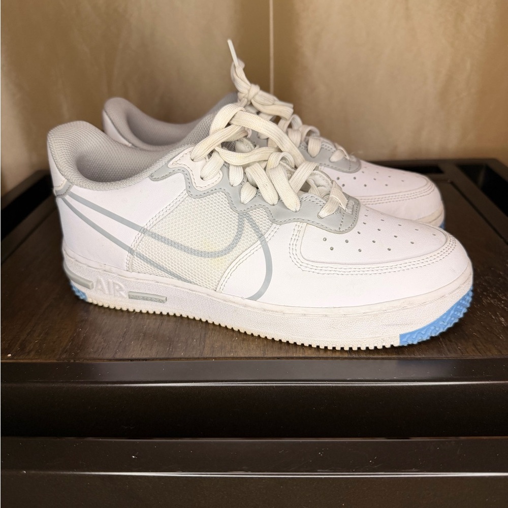 Nike Kids Air Force React- White and Gray Sneakers with Blue Highlights